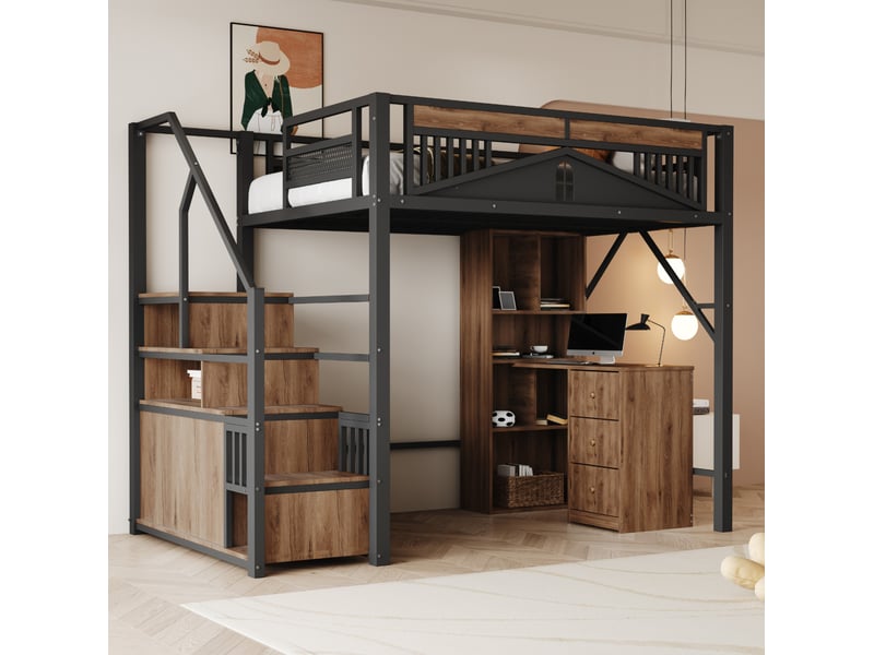  Lit mezzanine enfant 140x200 cm – noir – escalier avec rangements et barrière de sécurité - sans matelas  - Conforama B