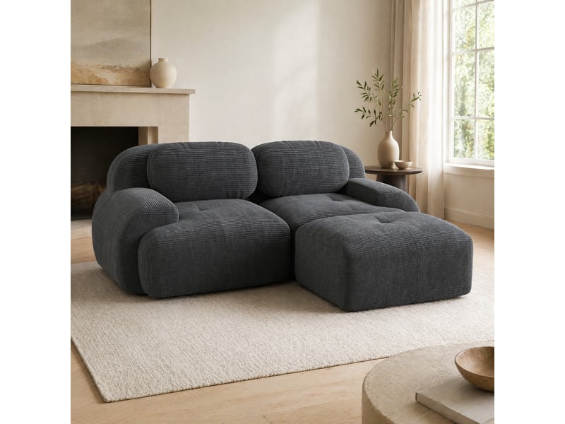  Canapé d'angle 208x178x70 cm modulable en corduroy gris avec accoudoirs arrondis  - Conforama C