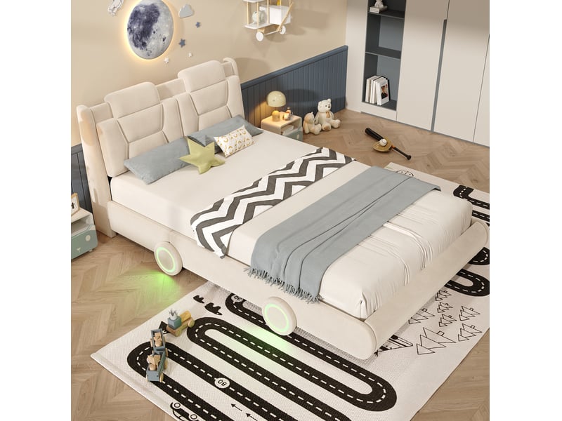  Lit enfant voiture 140x200 cm avec tête de lit réglable et roues lumineuses  - Conforama B