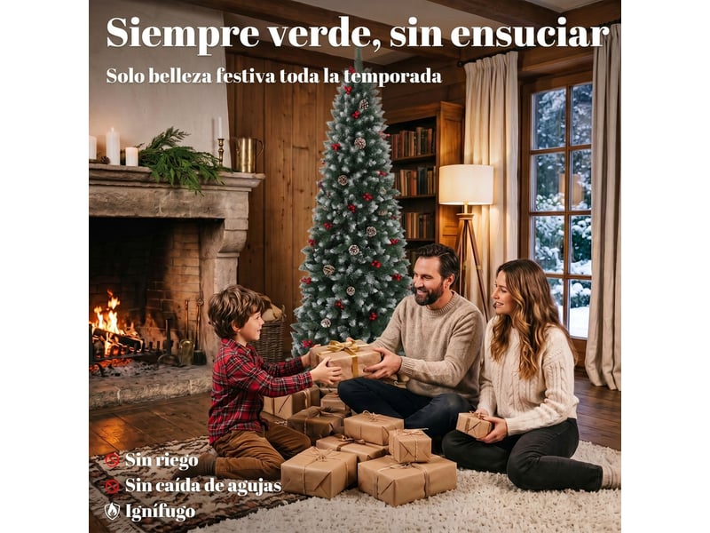  Sapin de noël snowy pencil de 210 cm avec 818 branches, baies rouges, pommes de pin, base métallique pliable, ouverture automatique, vert  - Conforama D