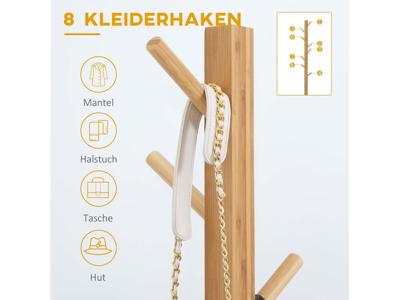  Porte manteaux sur pied 49,5 x 49,5 x 178 cm en bambou avec 8 crochets, pour entrée et chambre, naturel et fonctionnel  - Conforama D