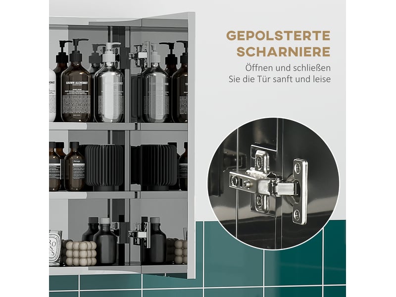  Meuble de salle de bain miroir mural 70x12x55 cm, 3 portes en verre, 5 niveaux, métal, argenté  - Conforama E