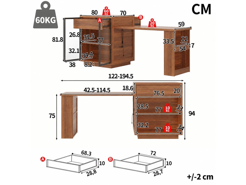 Meuble de cuisine muvano, îlot central avec table extensible, brun foncé, de 122 à 194,5 cm - Conforama W