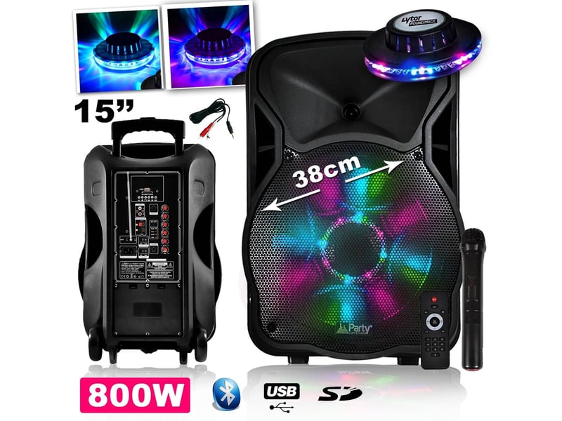  Enceinte mobile amplifiée 800w party light sound 15 à leds rvb - usb-bt-sd-fm + micro + effet ovni  - Conforama A