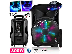 Enceinte mobile amplifiée 800w party light sound 15 à leds rvb - usb-bt-sd-fm + micro + effet ovni