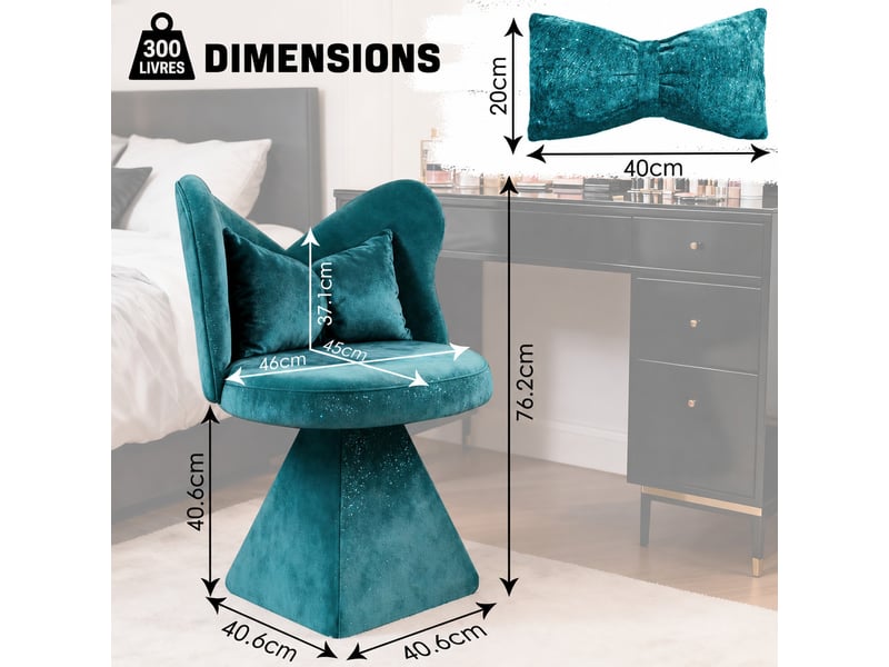  Chaise de salle à manger pivotante sans accoudoirs, dossier papillon en velours chenille bleu, 52 × 52 × 46 cm  - Conforama C