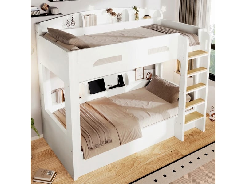  Lit superposé 90x200 avec rangements et prise usb, lit mezzanine blanc en bois massif, 150 kg  - Conforama D