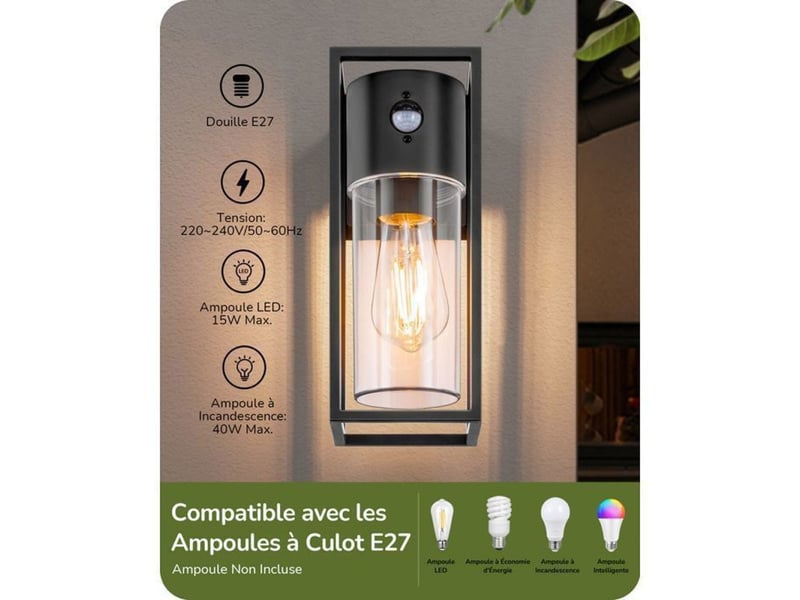 Applique murale exterieure detecteur de mouvement 110° capteur crepusculaire e27 ip44 aluminium noir 370618_AABJO33894_6_DROPFR - Conforama D