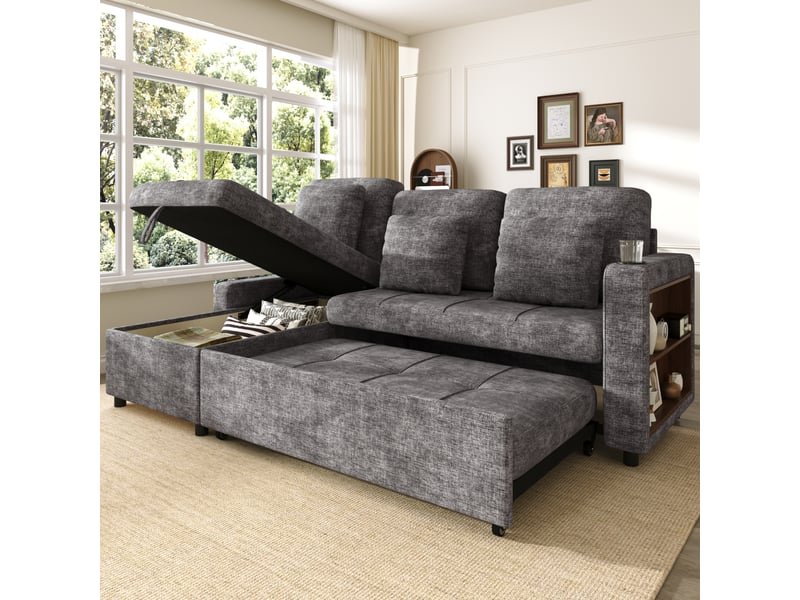  Canapé convertible 3 places rangement  - lit, porte-gobelet, chenille gris - 201,3 × 126,1 × 86,1 cm  - Conforama C