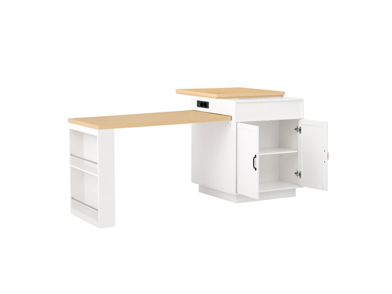 Îlot de cuisine mobile avec table extensible led, mdf blanc, prises intégrées, rangement polyvalent  - Conforama E