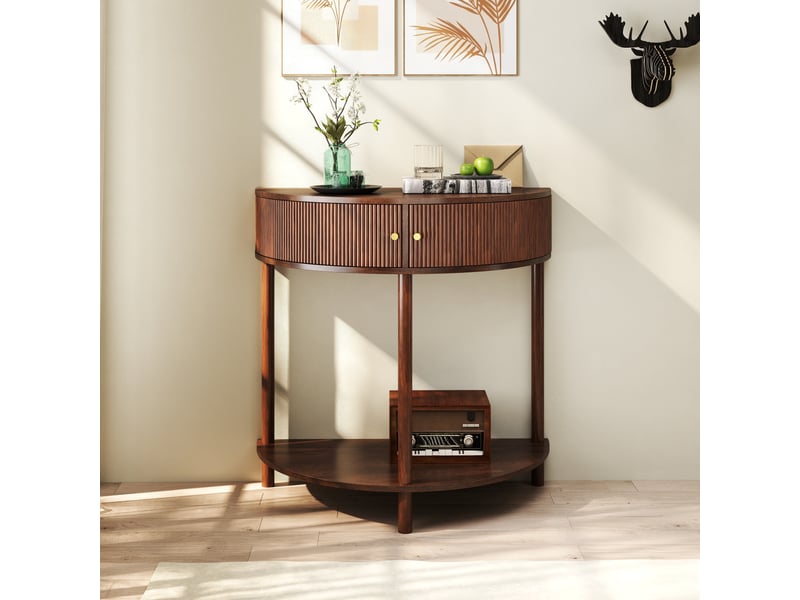  Table basse - console en forme de croissant, décor en bois brun noyer en mdf avec laque uv avec motif ondulé 3d réalisé à la main  - Conforama B