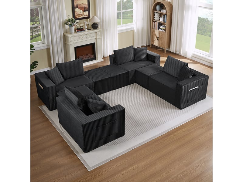 Canapé modulable 8 places en velours côtelé gris foncé, assise souple et modules repositionnables IKSETERA TRADING LTD - Conforama D