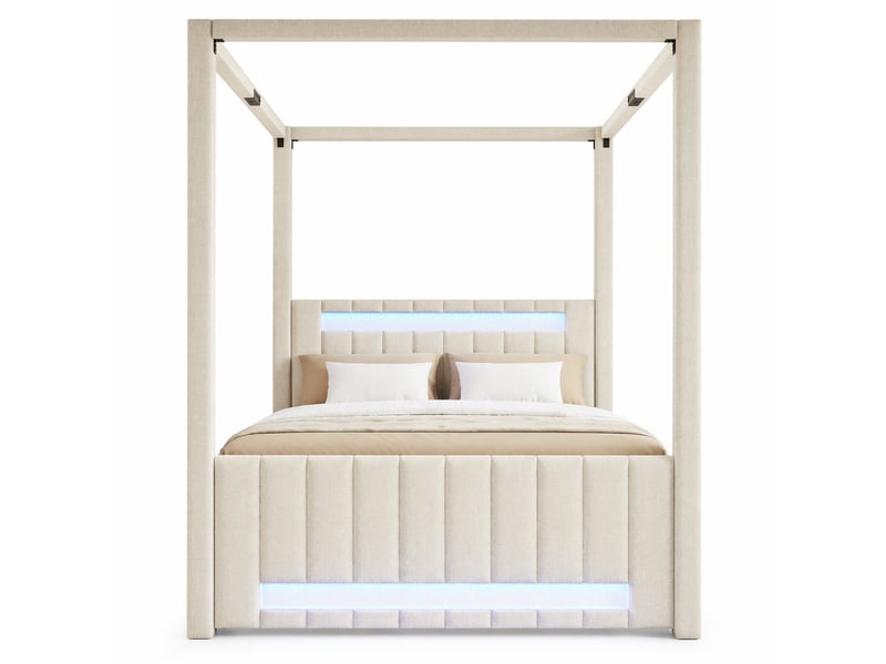  Lit gigogne double 140×200 cm, 3 tiroirs et led réglable - okmyhome- beige, sans matelas, en lin et mdf  - Conforama A