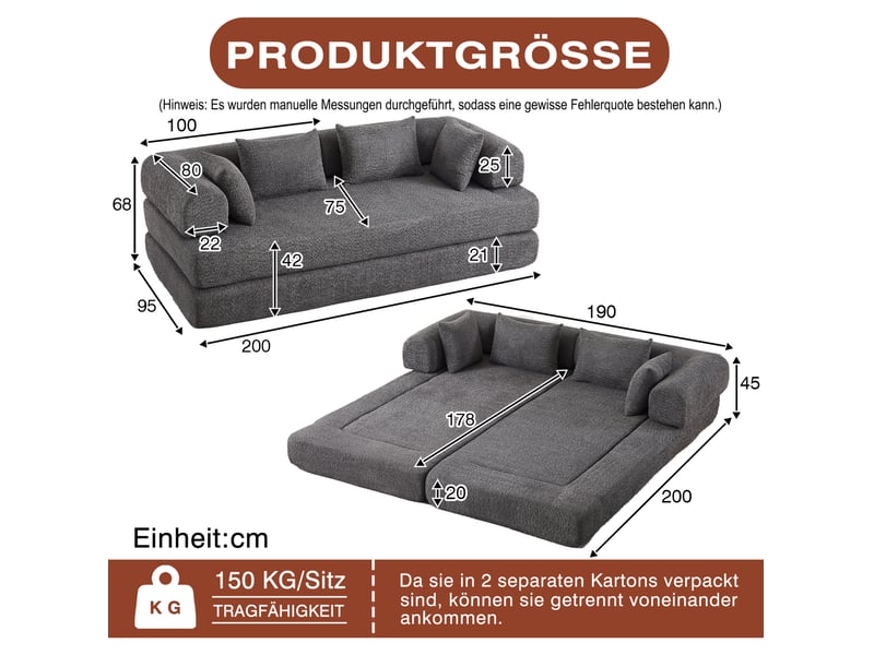 Canapé convertible modulaire 2 places à dossier réglable, 4 configurations avec 4 coussins en chenille gris - Conforama C