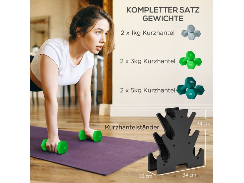  Haltères hexagonaux, set de 6 poids de 1, 3 et 5 kg avec support compact pour un entraînement à domicile organisé  - Conforama E