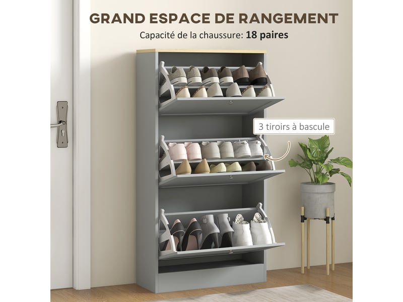  Meuble à chaussures 18 paires, armoire à chaussures avec 3 tiroirs rabattables, étagères réglables, gris, 60x23,5x115cm  - Conforama A