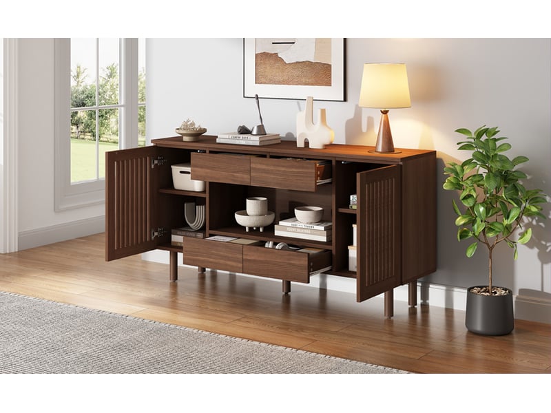 Buffet 140 x 35 x 71 cm avec 4 tiroirs et 2 portes à lames, mdf et pieds en bois, coloris noyer - Conforama D