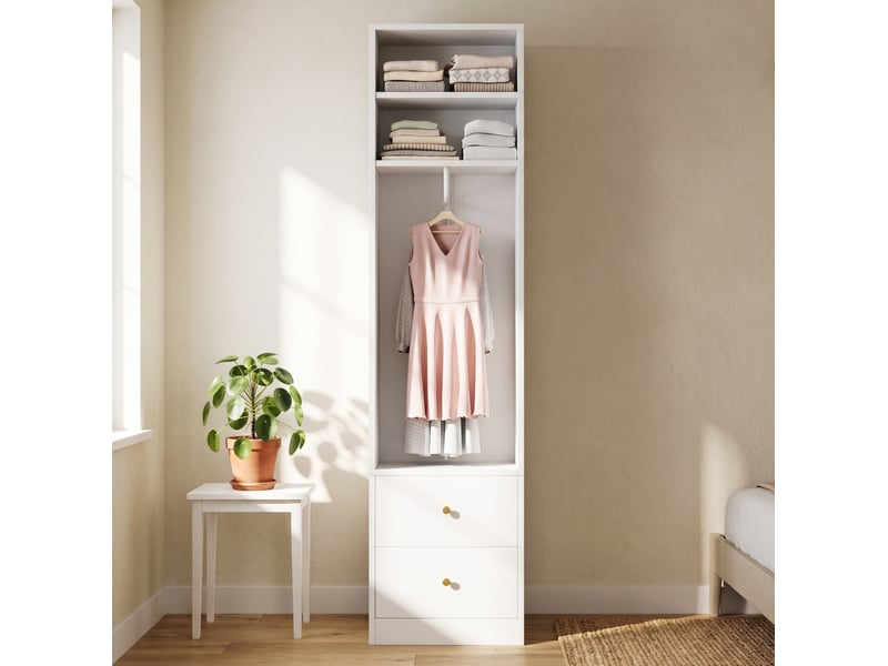  Armoire penderie 50 x 30 x 200 cm blanche en mdf et acier, 2 tiroirs et tringle ouverte pour vêtements  - Conforama B