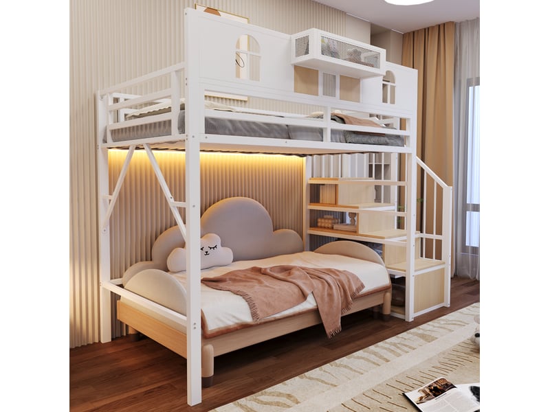  Lit mezzanine, 90x200 cm, bande lumineuse, avec escalier de rangement, matelas non inclus, mdf et métal, coloris blanc  - Conforama E