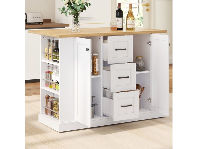 Îlot de cuisine mobile 120x4570x90 cm, plateau rabattable, 3 tiroirs, roulettes verrouillables, mdf, blanc - Conforama B