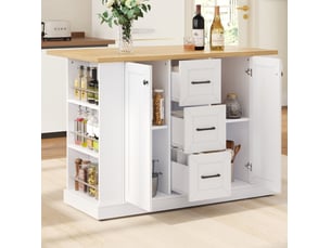 Îlot de cuisine mobile 120x4570x90 cm, plateau rabattable, 3 tiroirs, roulettes verrouillables, mdf, blanc