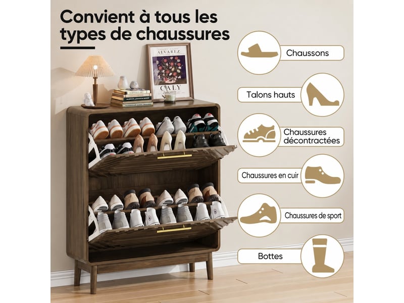  Meuble à chaussures 80x24x95 cm, 2 abattants, niches ouvertes, rangement réglable, grand rangement pour entrée et couloir - noyer  - Conforama E