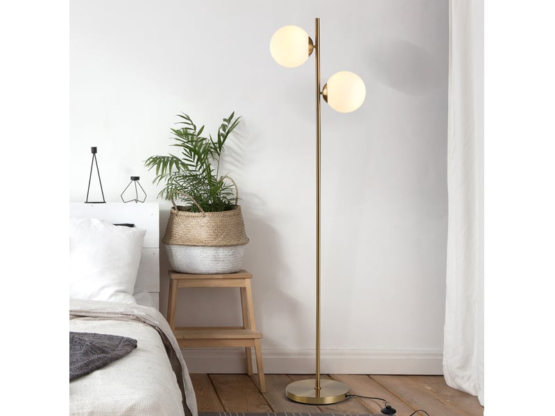  Lampadaire 39x28x165 cm doré et blanc, acier et verre, 2 abat-jour orientés pour salon et chambre  - Conforama D