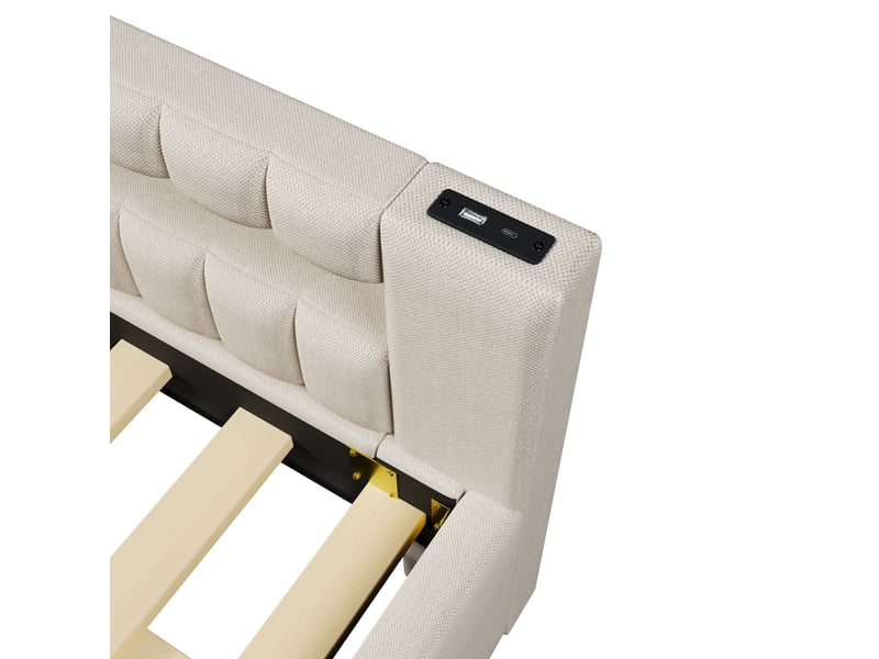  Lit banquette 140x200 canapé lit beige avec lit gigogne 90x190 led et ports usb type-c  - Conforama W