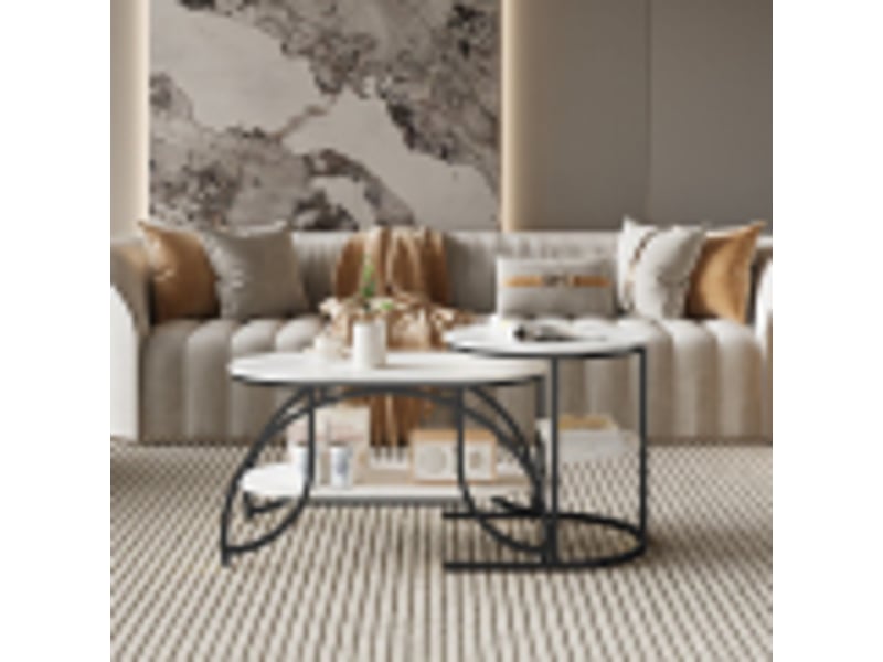  Lot de 2 tables basses 80x46x45 cm, table gigogne design marbre, avec espace de rangement, cadre en métal, pour canapé, salon, chambre (noir + blanc)  - Conforama B