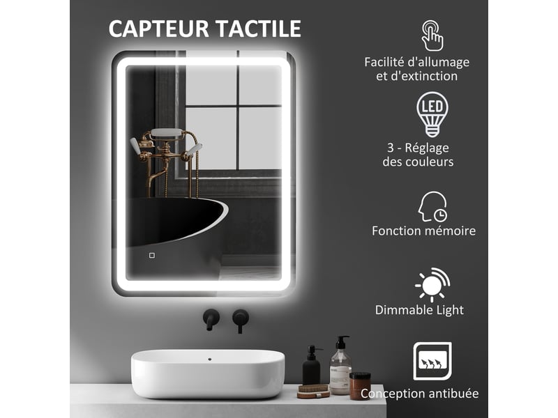  Miroir de salle de bain 60 x 80 cm, miroir led mural avec 3 couleurs lumière, dimmable, anti-buée, mémoire, argent  - Conforama E