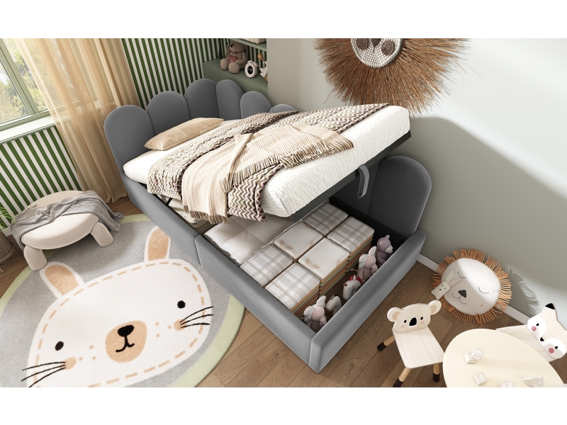 Lit coffre enfant 90x190 cm lit simple, design minimaliste moderne lattes métal rembourré velours gris sans matelas - Conforama B