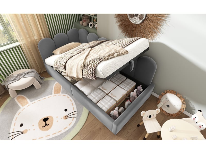  Lit coffre enfant 90x190 cm lit simple, design minimaliste moderne lattes métal rembourré velours gris sans matelas  - Conforama B