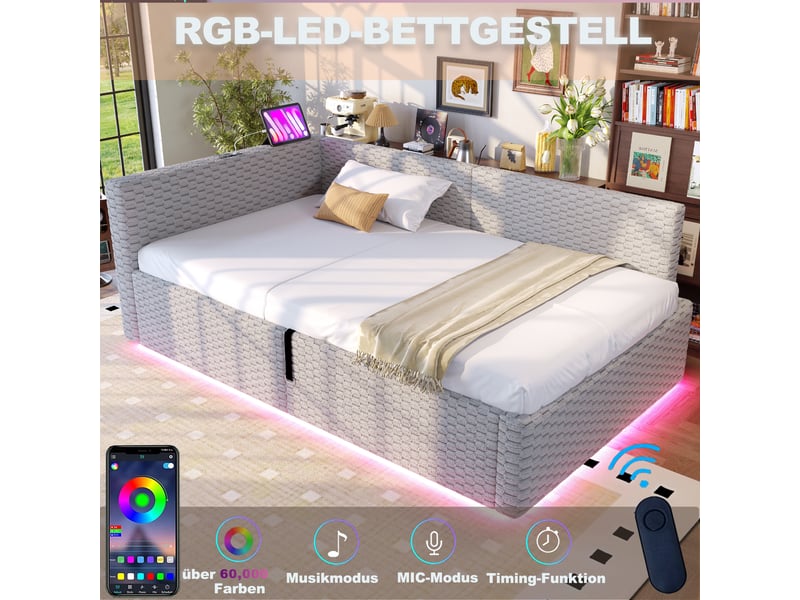  Lit rembourré velours gris 90x200 cm avec led, usb, type-c et rangement hydraulique  - Conforama B