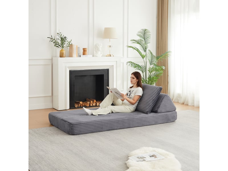  Canapé modulable convertible 211 cm en velours côtelé, dossier triangulaire, accoudoirs amovibles, assise longue multifonction - gris  - Conforama B