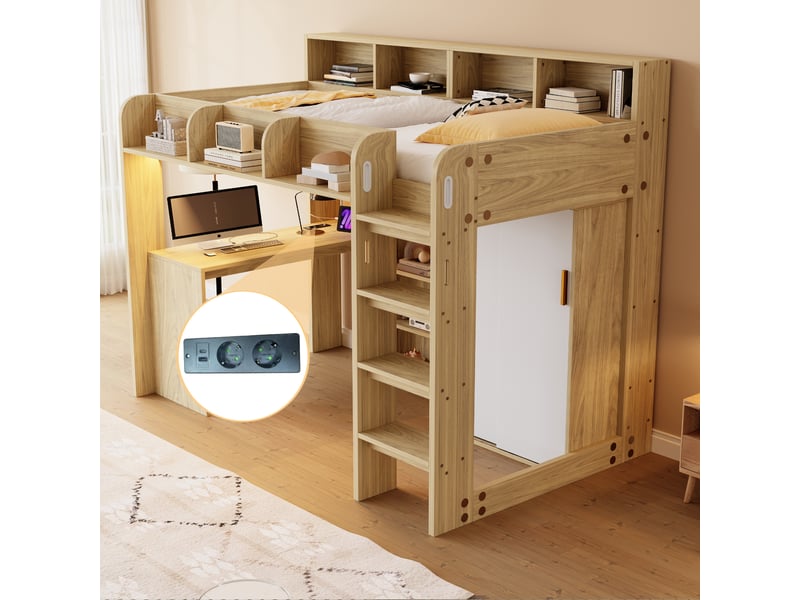  Lit mezzanine 90 × 200 cm en bois avec bureau, armoire, rangements, led et prise, finition bois  - Conforama C