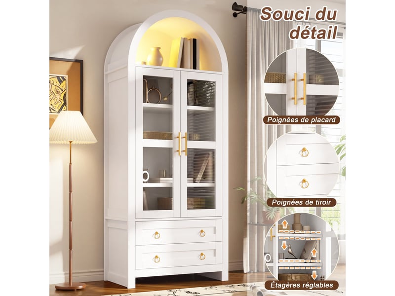  Vitrine rétro à 2 portes vitrées et 2 tiroirs, 76 x 40 x 180 cm, avec éclairage led et design arrondi, coloris blanc  - Conforama E