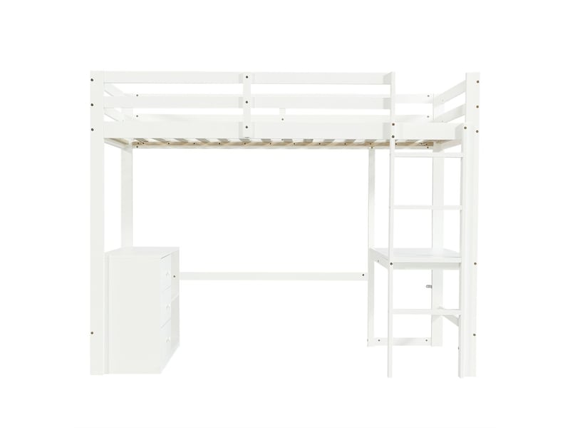 Lit mezzanine avec bureau 90 x 200 cm bureau intégré meuble à tiroirs étagère de rangement échelle à quatre marches pin et mdf blanc - Conforama E