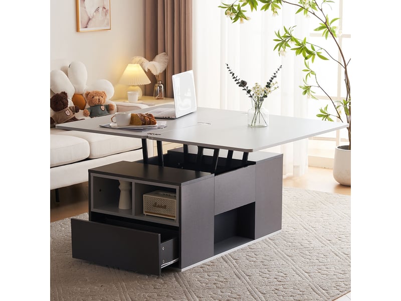 Table basse relevable avec 2 tiroirs, 1 porte et niches ouvertes et plateau modulable 2-en-1, pour salon, gris, 100×51×47 cm - Conforama B