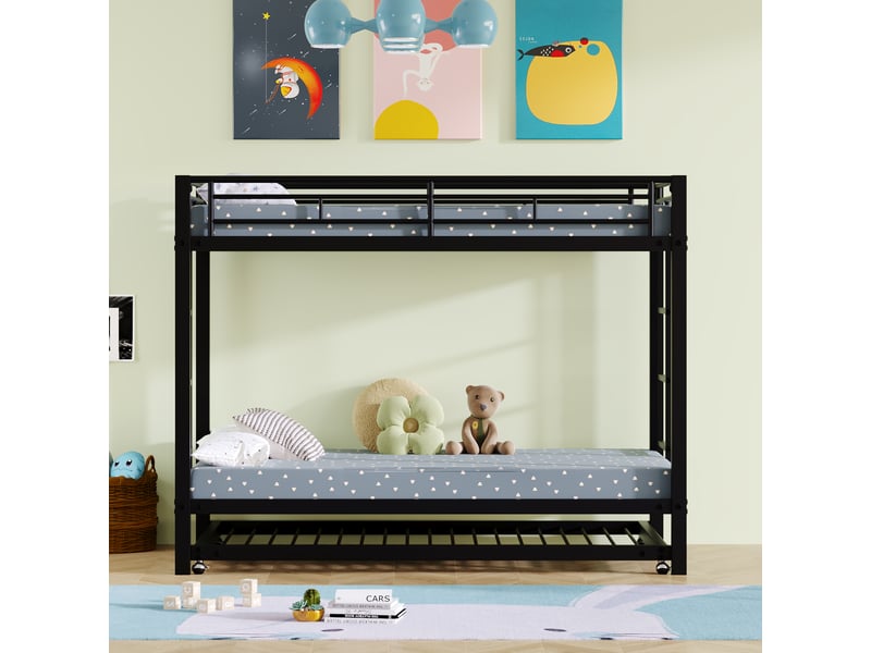  Lit superposé 90 x 200 cm, lit enfant à trois couchages, couchage gigogne, sommier à lattes inclus, rangements intégrés, métal, noir Morn Vibe - Conforama D