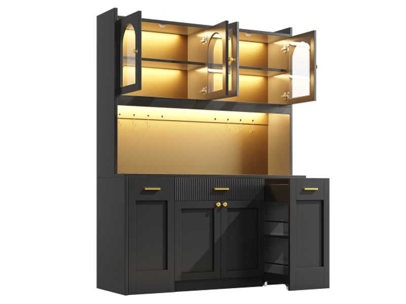  Meuble haut de cuisine 120 cm – led rgb via appli, 3 vitrines en verre, tiroirs, étagères double-face, blancnoir  - Conforama A