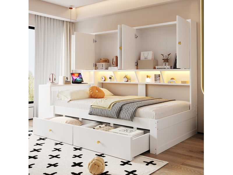  Lit combiné 90 × 200 cm avec bureau intégré, rangements, 2 tiroirs, led et prise, blanc, sans matelas  - Conforama B