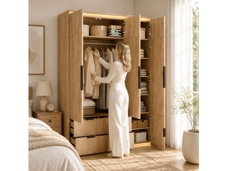  Armoire 135x47x200 cm avec miroir et led, 1 tringle, 4 tiroirs, mdf, couleur bois  - Conforama B