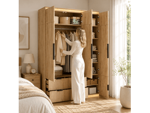 Armoire 135x47x200 cm avec miroir et led, 1 tringle, 4 tiroirs, mdf, couleur bois