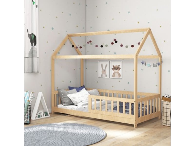  Lit enfant en forme de maison en pin massif, barrières de protection, naturel  - Conforama E