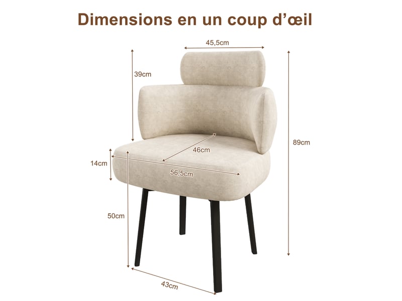  Chaise de salle à manger pivotante à 360° avec accoudoirs, revêtement chenille, blanc crème  - Conforama C