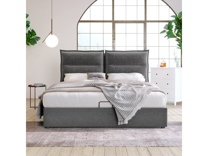  Lit coffre 140x200 cm velours gris — tête de lit réglable, rangement hydraulique et matelas inclus  - Conforama C