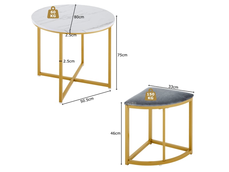  Ensemble table à manger et 4 chaises – blanc, or et gris – table ronde ø80 cm – plateau mdf blanc, piètement métal doré, assises velours gris  - Conforama C