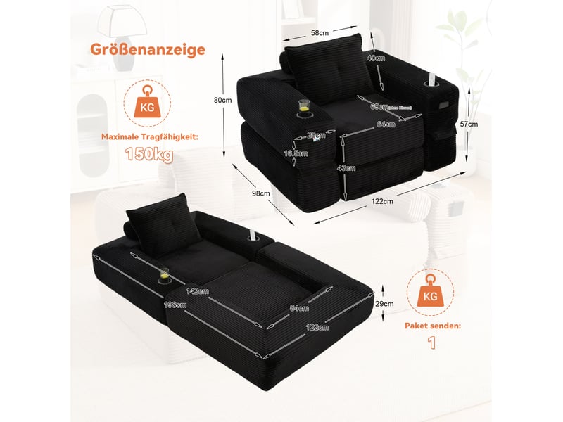  Canapé convertible 1 place en velours côtelé noir avec poches latérales et porte-gobelets  - Conforama C