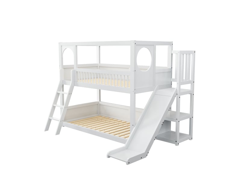  Lit superposé blanc 90x200 cm avec toboggan et rangement  - Conforama W