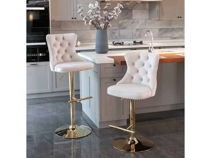  Tabouret de bar pivotant en velours beige, hauteur réglable, dossier capitonné, base dorée, lot de 2  - Conforama B